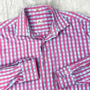 Peter Millar Check Button-Up Shirt Pink Blue Cotton Casual Men XXL Classic Prep
